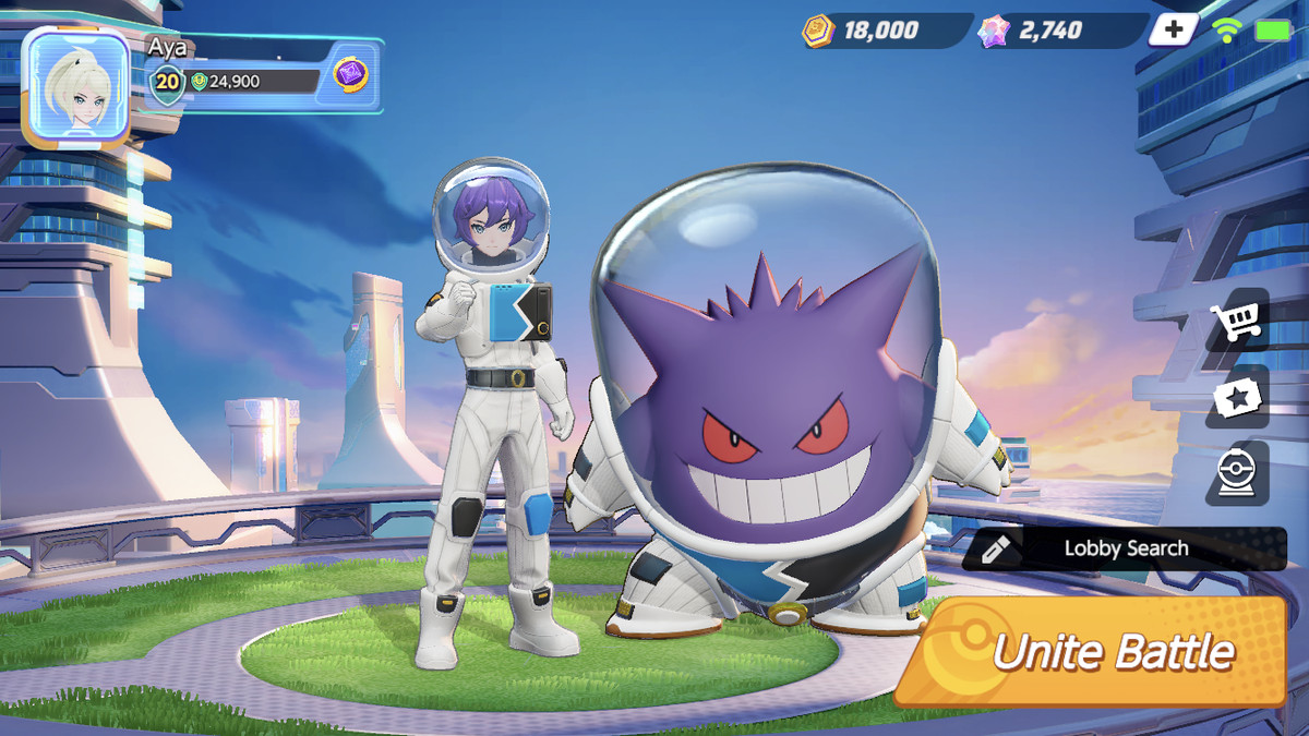 en træner og slægter begge klædt i rumdragter i pokemon unite