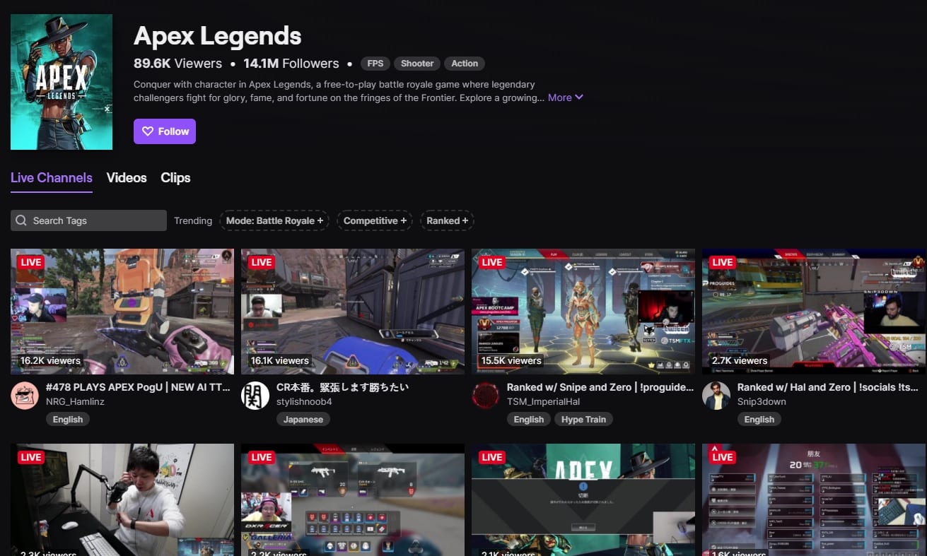 Apex Legends streamingkategori på Twitch.