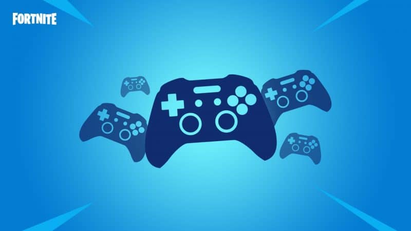 En flok Xbox -controllere vises med hinanden på en blå baggrund med Fortnite -logoet i øverste hjørne.