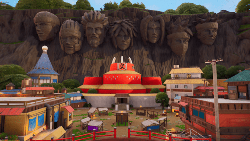 Hidden Leaf Village-oplevelsen i Creative Mode, en replika af animeens ikoniske Shinobi træningslejr, som spillere kan udforske