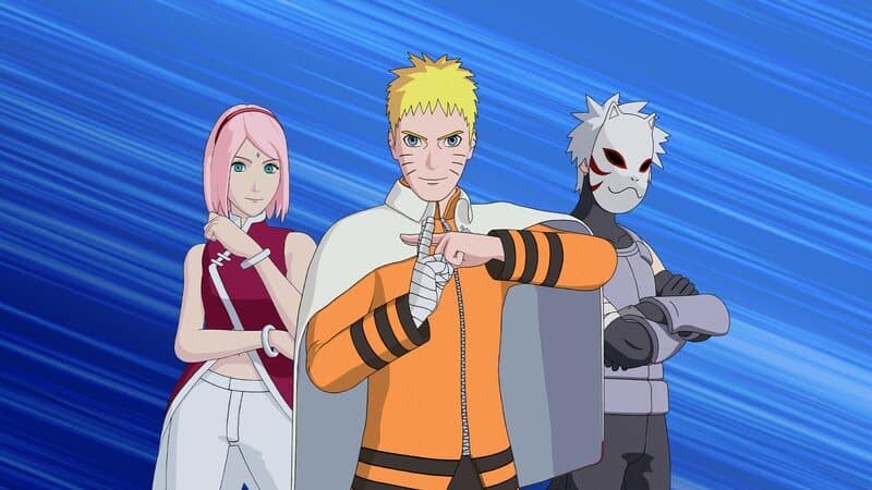 Sakura, Naruto og Sasuke står i deres ikoniske outfits fra showet.