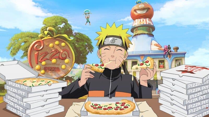Uzumaki Naruto spiser pizza i Hidden Leaf Village i denne eksklusive indlæsningsskærm med kunst af Studio Pierrot