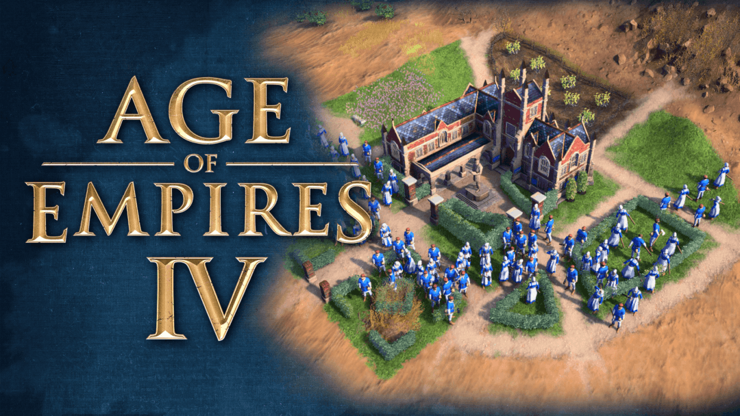 Age of Empires IV bannerannoncering med landsbyboere samlet omkring universitetet