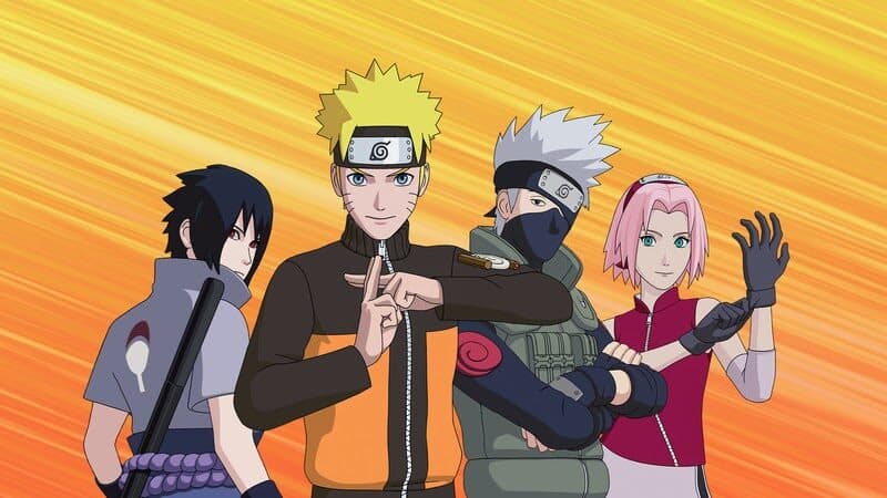 Sasuke, Naruto, Kakashi og Sakura står sammen, mens Naruto laver et kryds med fingrene