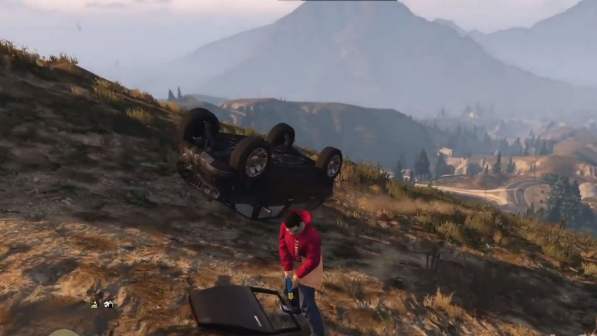 GTA 5 Redditor discovers a hilarious way to &ldquo;door-surf&rdquo; down a mountain (Image via u/S10_Studios/Reddit)