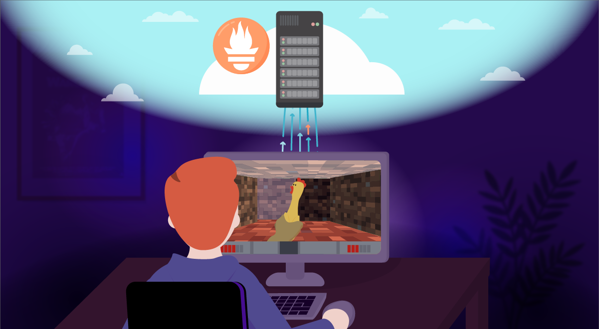 Illustration, der viser en rødhåret person, der spiller et first person shooter som et videospil, med nogle linjer (metrics), der flyder ind i en sky med Prometheus-logoet på.