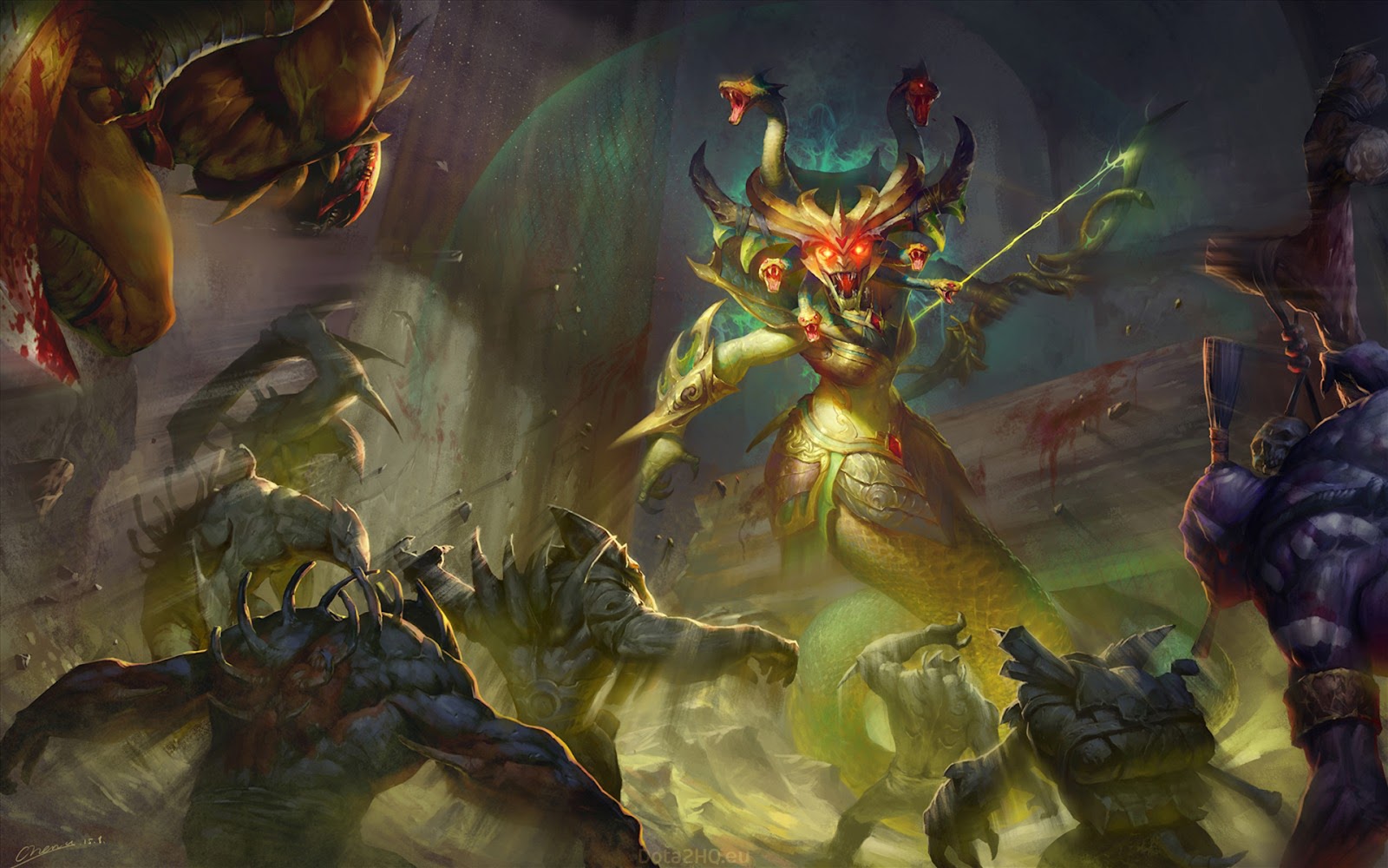 Dota 2 varone Medūza paceļ zobenu, kad viņa slīd uz cīņu ar atsegtiem ilkņiem
