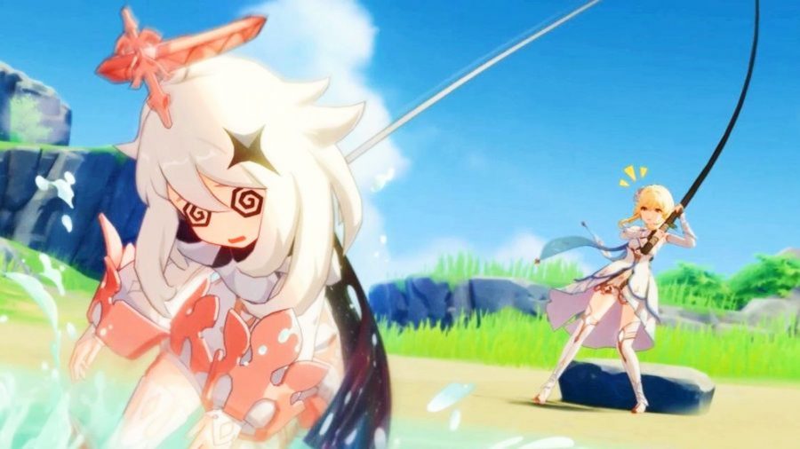 Genshin Impacts Paimon fanget på en fiskestang af den rejsende