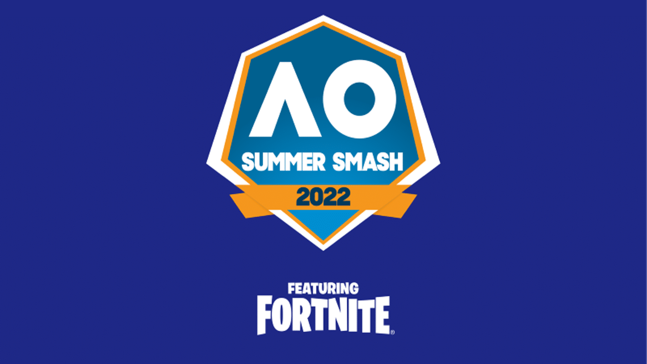 Logotip Fortnite Australian Open Summer Smash, podebljano bijelo "A" i "O" unutar šesterokutnog štita pojavljuje se na plavoj pozadini
