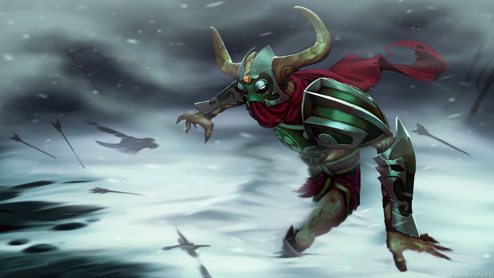 Dota 2 heroj Undying, skeletni ratnik, juri preko snijegom prošaranog bojnog polja