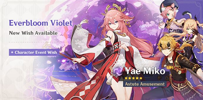 Genshin Impact's "Everbloom Violet" banner, som det så ud i februar 2022, med Yae Miko sammen med Thoma, Diona og Fischl.