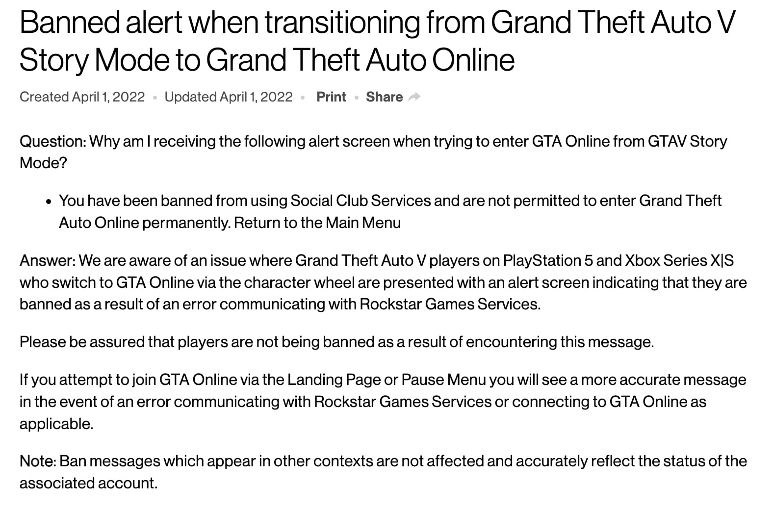 Skærmbillede af Rockstar Games FAQ-side om GTA Online-forbud