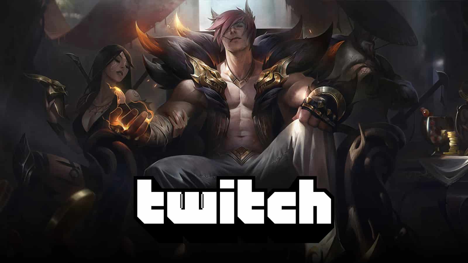 League of Legends' Sett sitting on throne next to Twitch logo