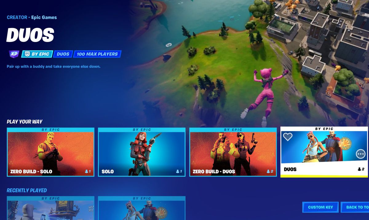 Fortnite-kø med Normal eller Zero Build-indstillinger