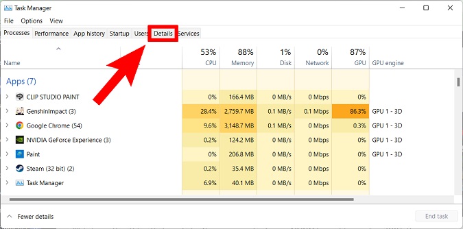 task manager detaljer