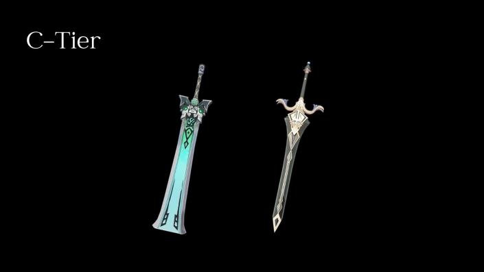 Fra venstre mod højre: Rainslasher, Royal Greatsword.  (Fotos: HoYoverse)