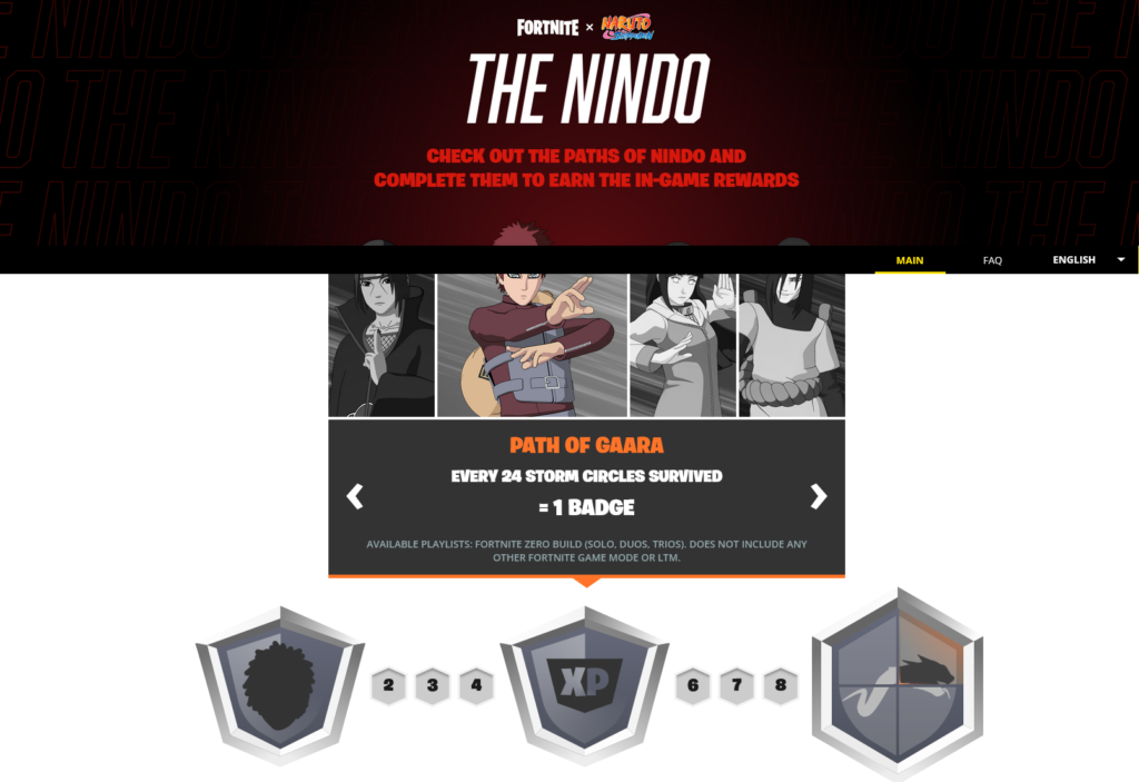 Nindo Fortnite-siden med Hinata, Gaara, Itachi og Orichimaru