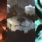 Three images from world of warcraft,a firey dragon, a panderan, and a green horned devil