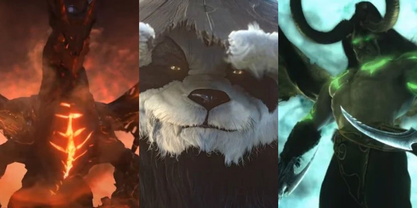 Three images from world of warcraft,a firey dragon, a panderan, and a green horned devil