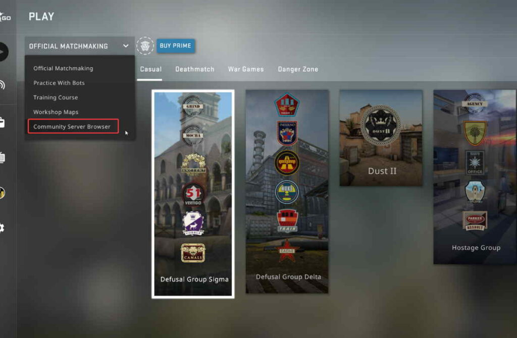vælg fællesskabsserver - tilslut en brugerdefineret csgo-server