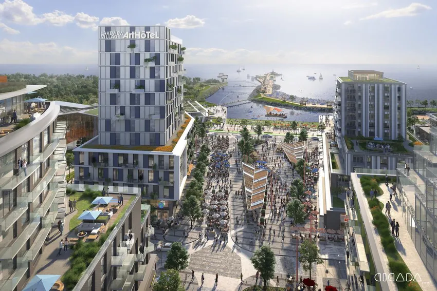 En gengivelse af Lakeview Village.