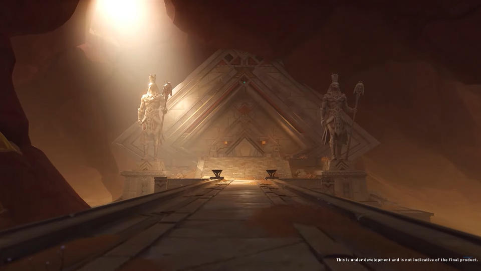 De gamle ruiner spredt ud over Sumerus ørkener er bevogtet af statuer, der ligner guderne i det gamle Egypten som Horus og Anubis.  (Skærmbillede udlånt af HoYoverse)