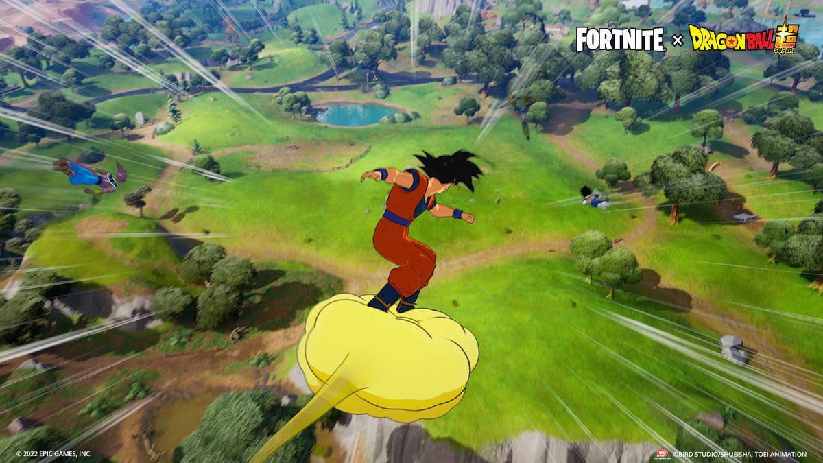 Goku flyver på Nimbus-skyen over Fortnite-øen.