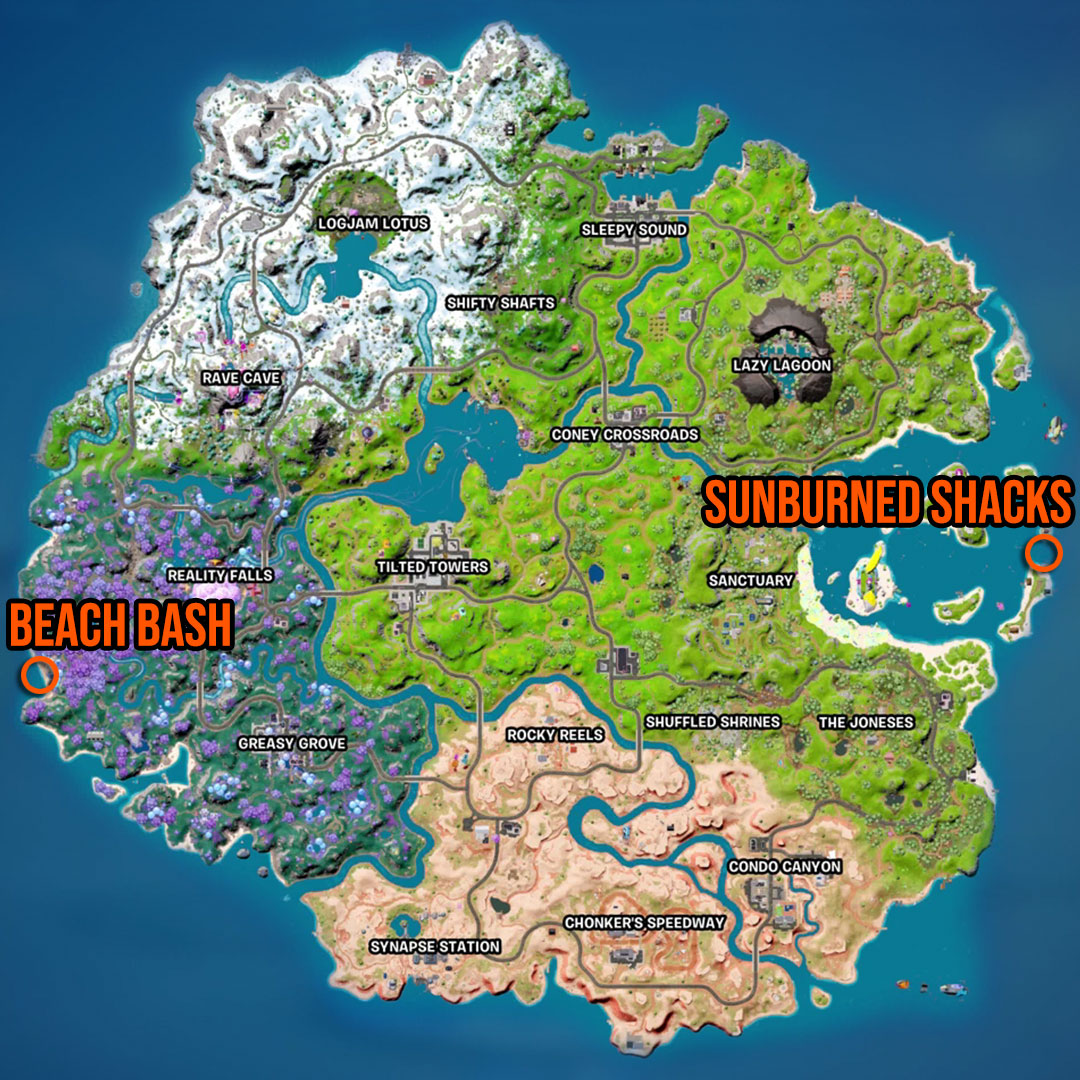 Kort over Fortnite Sunburned Shacks eller Beach Bash