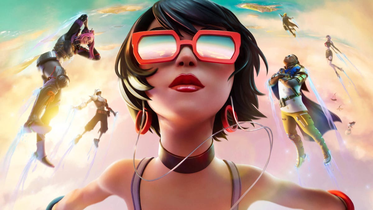 En karakter i Fortnite, der bærer solbriller, er omgivet af karakterer, der zoomer gennem himlen