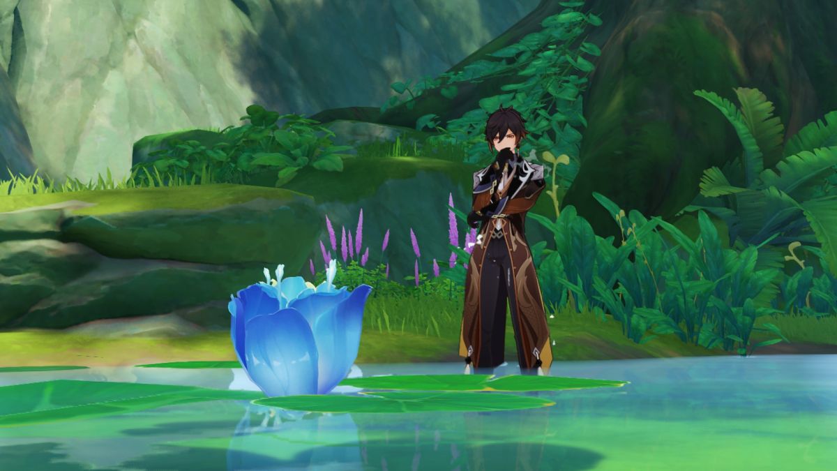Genshin Impact Nilotpala Lotus with Zhongli looking at it