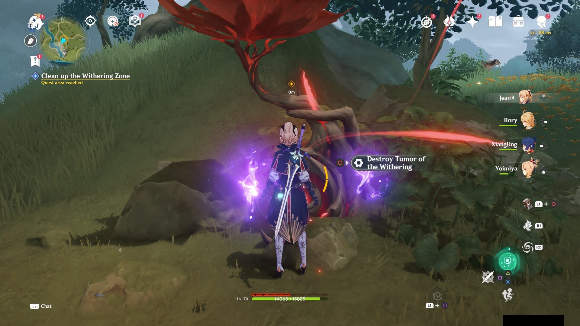 En Genshin Impact Character stående ved siden af ​​en visnende tumor