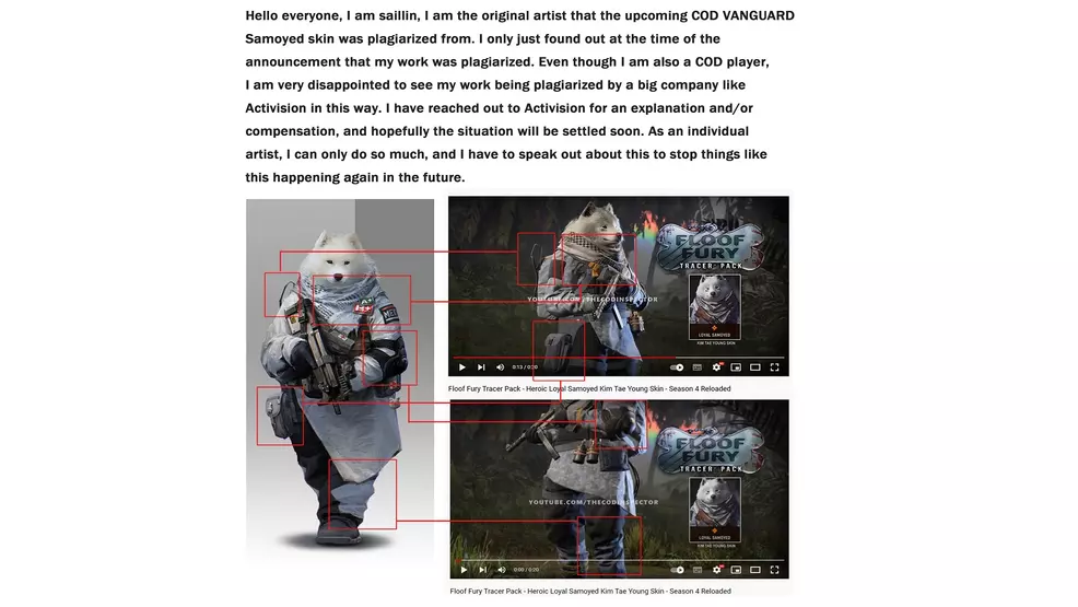 Billede fra Sail Lin på ArtStation, der viser lighederne mellem deres kunst og den loyale samojedhud, inklusive samme outfit og outfitfarve.