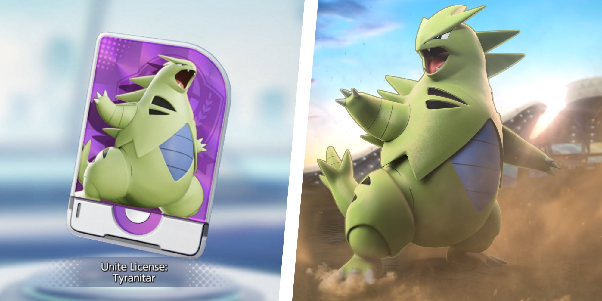 Tyranitar Unite License split with an image of Tyranitar from Pokemon Unite