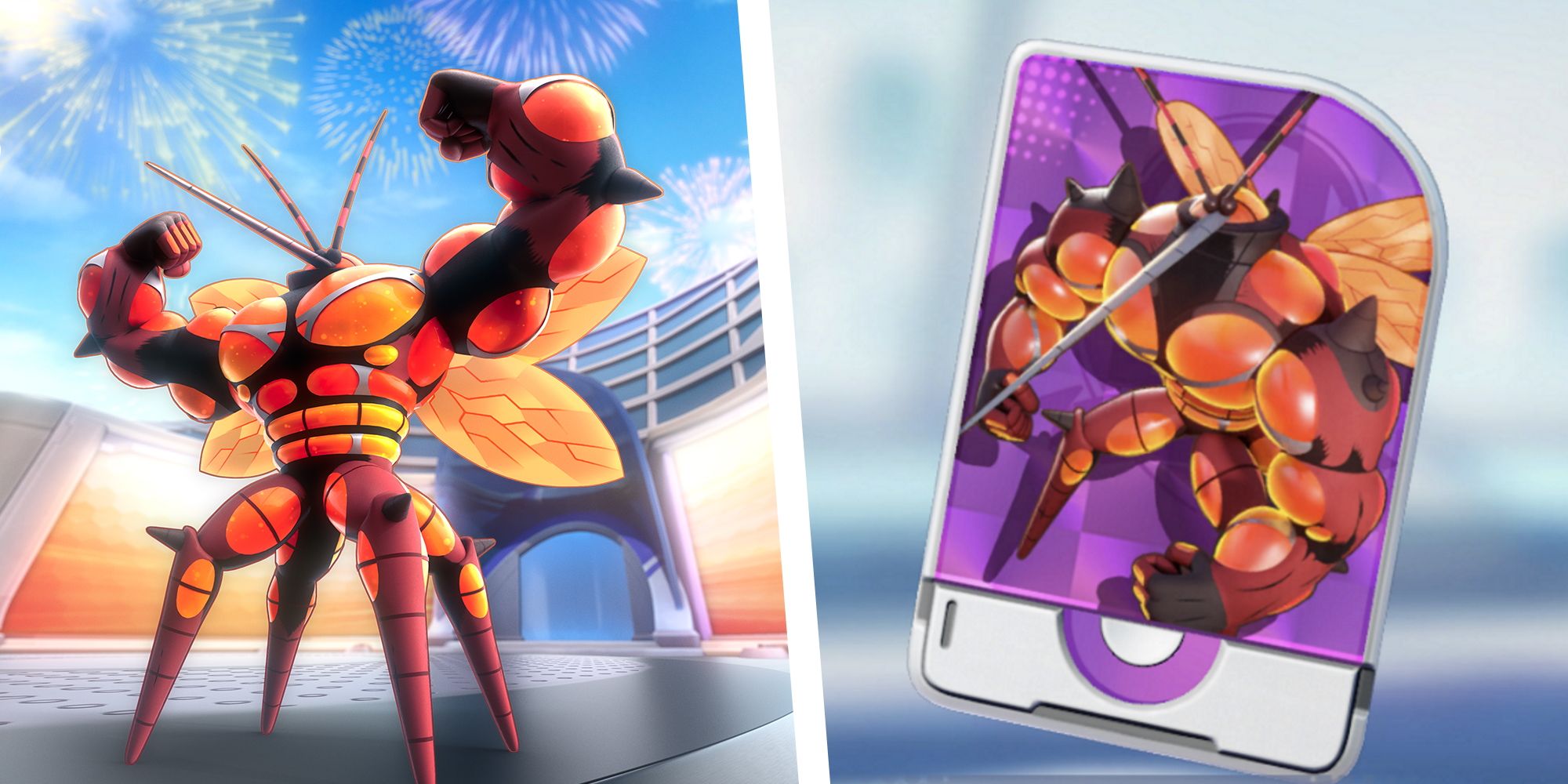 An image Image of Buzzwole split with an image of the Buzzwole Unite License from Pokemon Unite