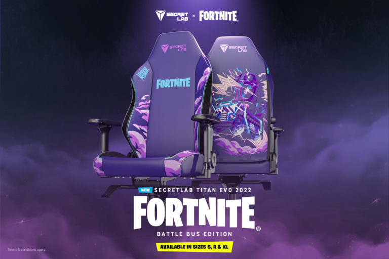 An image from Secret Lab showing off their new gaming chairs with the Fortnite Battle Bus embroidered on the back
