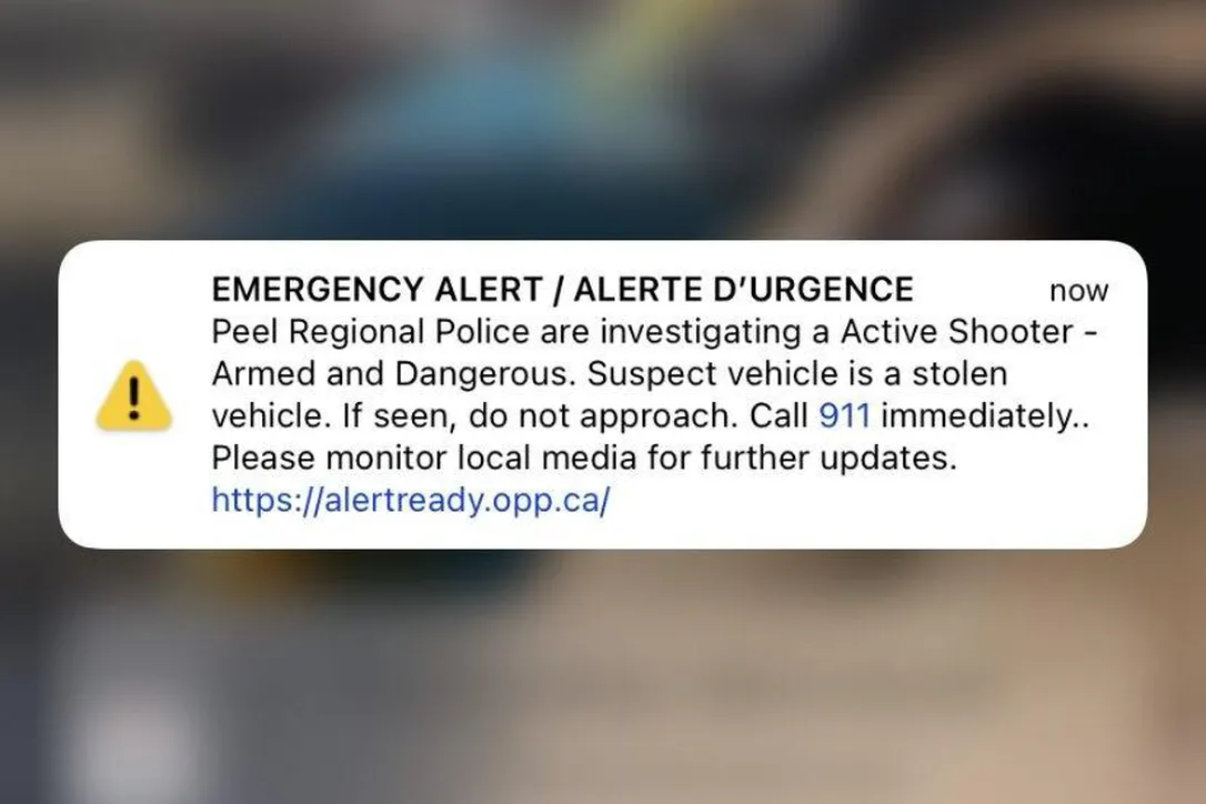 The emergency alert sent to cellphones across the GTA and neighbouring regions on Monday.