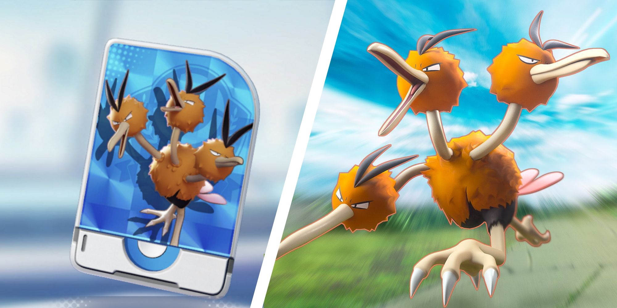 Dodrio's Unite License from Pokemon Unite split with an image of Dodrio running