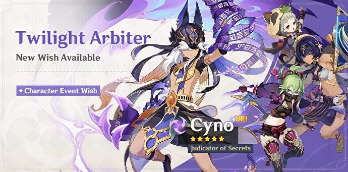 Genshin Impact-bannerbilledet til Twilight Arbiter, som det kørte i september/oktober 2022, med Cyno sammen med Sayu, Candace og Kuki Shinobu.