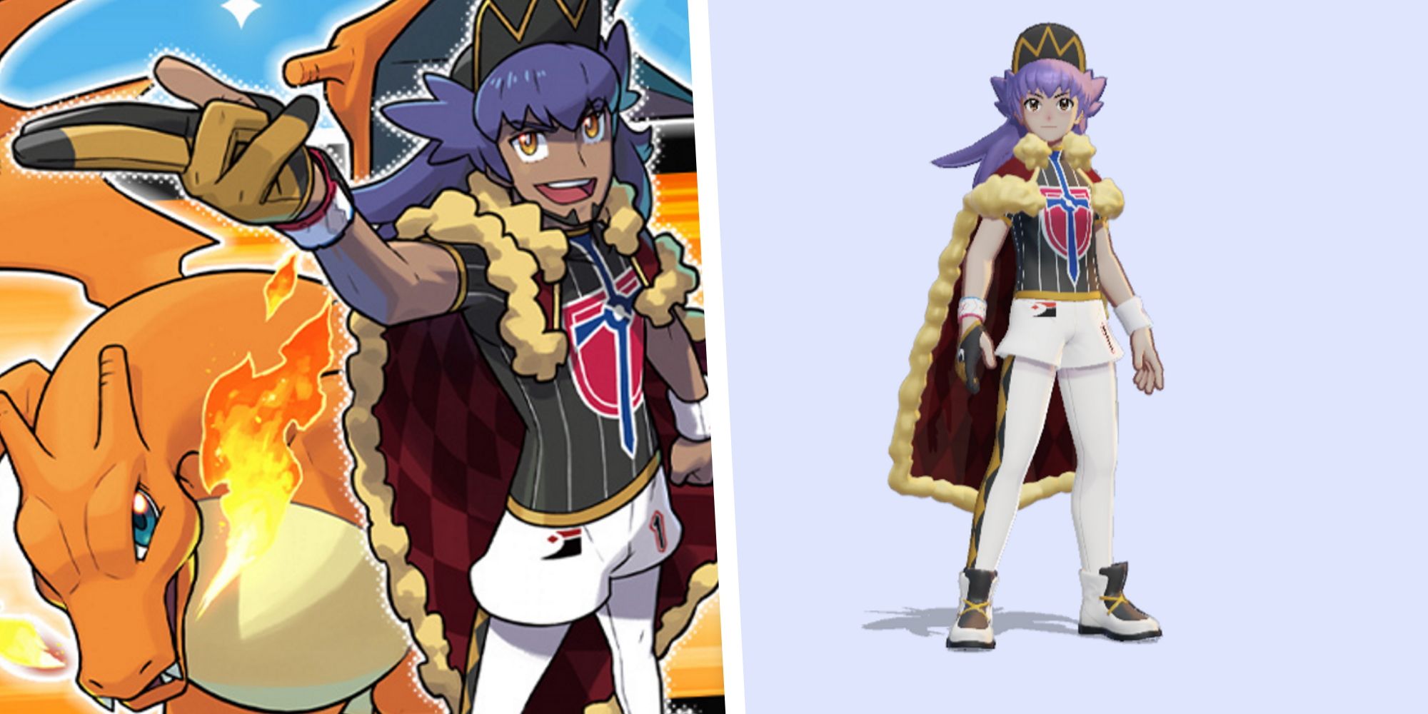 Pokemon Trainer Leon split with an image of the Pokemon Unite Leon Trainer Outfit