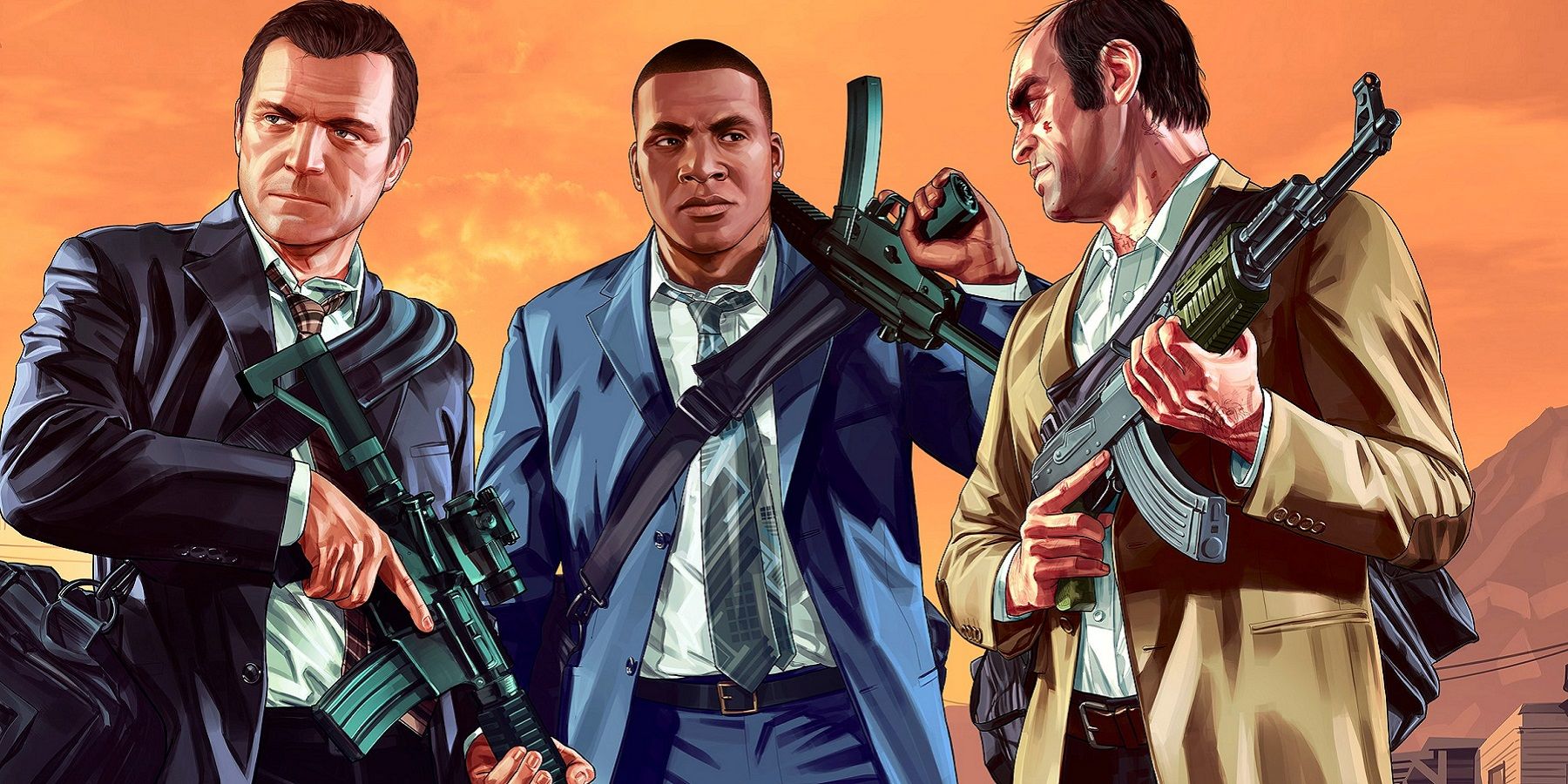 Image from Grand Theft Auto 5 showing Michael, Franklin, and Trevor, all donning suits and holding guns.