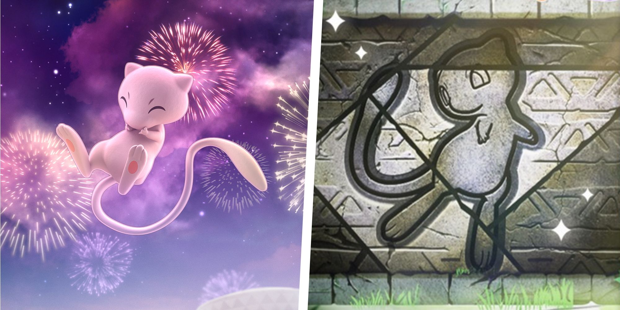 An image of Mew in a firework filled sky split with an image of Mew's Mural