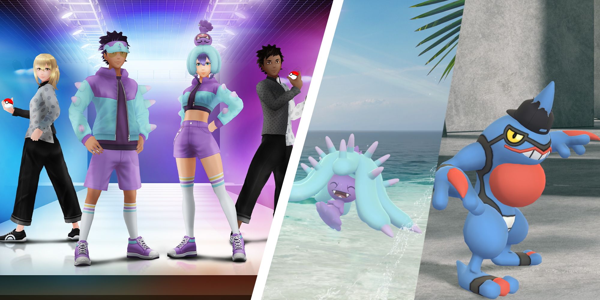 Pokemon Go avatars in Fashion Week outfits split with an image of Mareanie and Croagunk