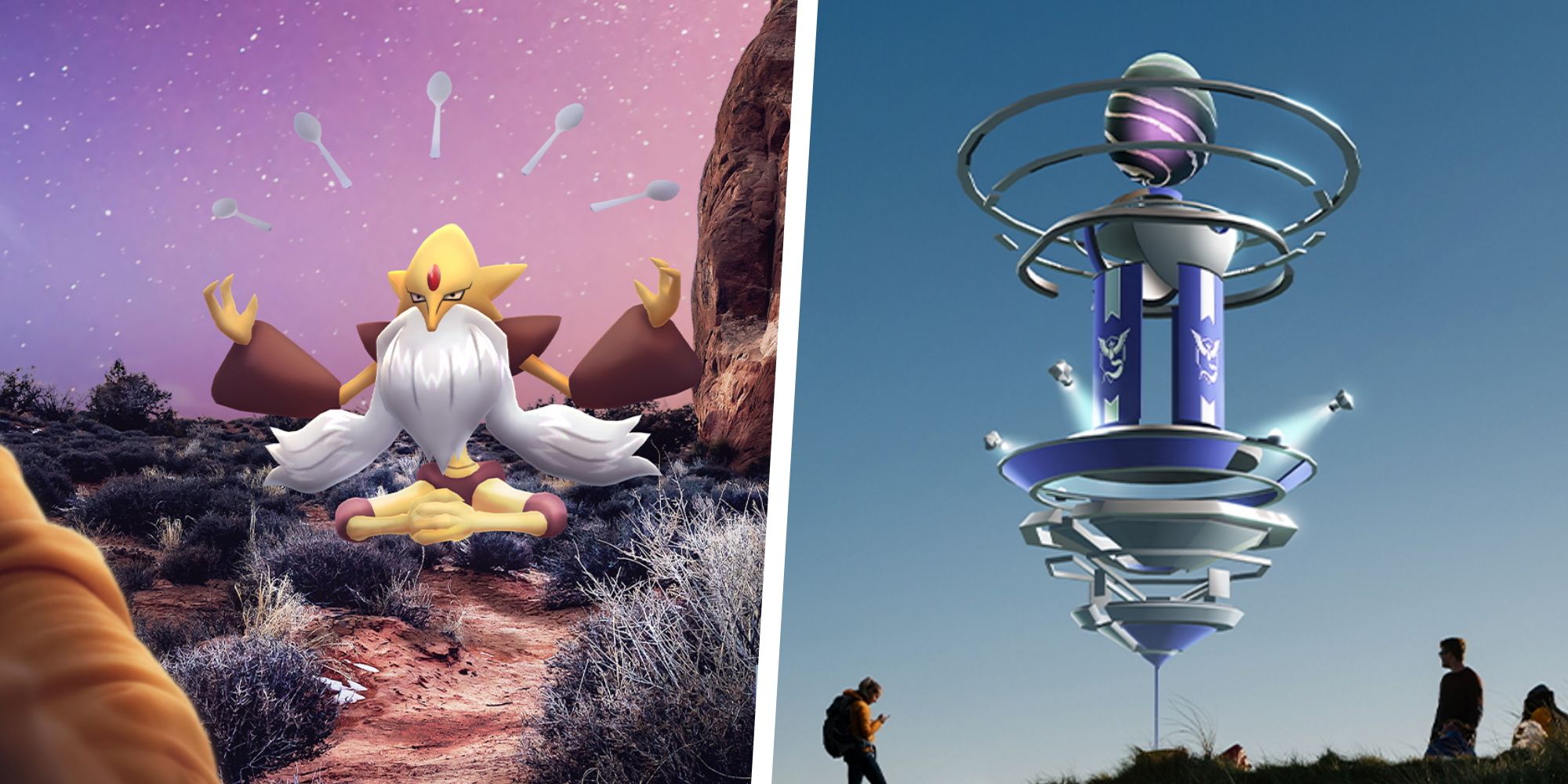 Image of Mega Alakazam split with an image of people around a Pokemon Go Raid