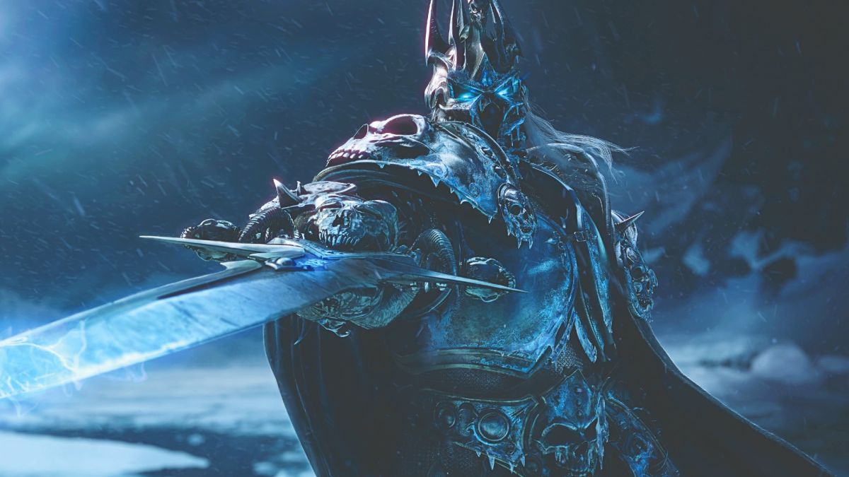 The Lich King from WoW points a sword to the screen