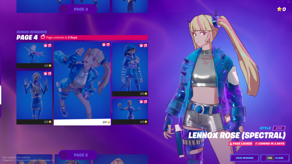 Et salgsfremmende billede fra Fortnite, der viser Lennox Rose i en blå jakke med en krom crop-top og shorts