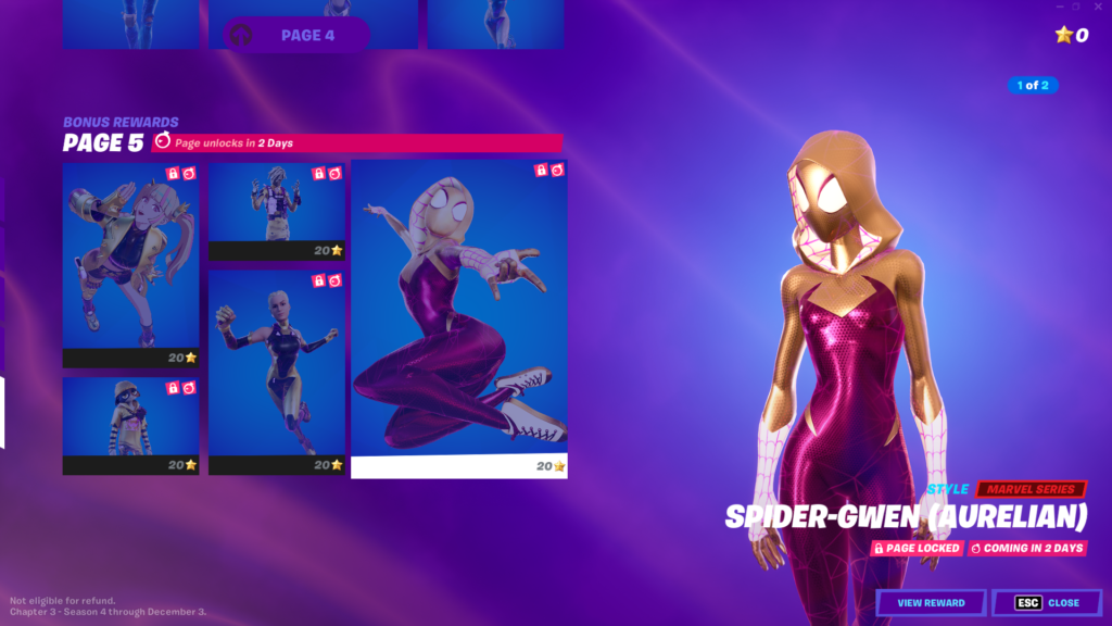 Et billede af Spider-Gwen i Fortnite med et kostume i guld og rødbrune farver
