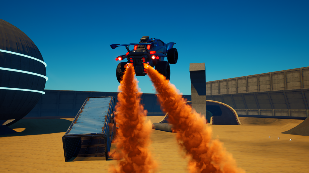 Et billede af Octane-bilen i Fortnite med to kontrailer, der kommer af den, når den starter i luften