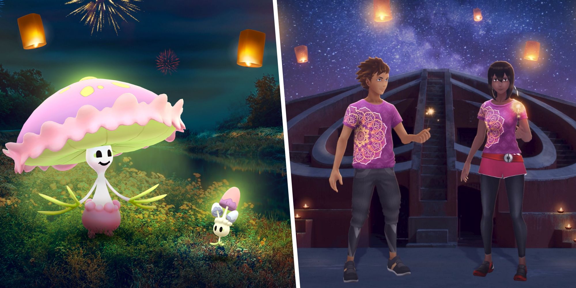 Morelull and Shiinotic from split with an image of two Trainers using the Sparkler Pose