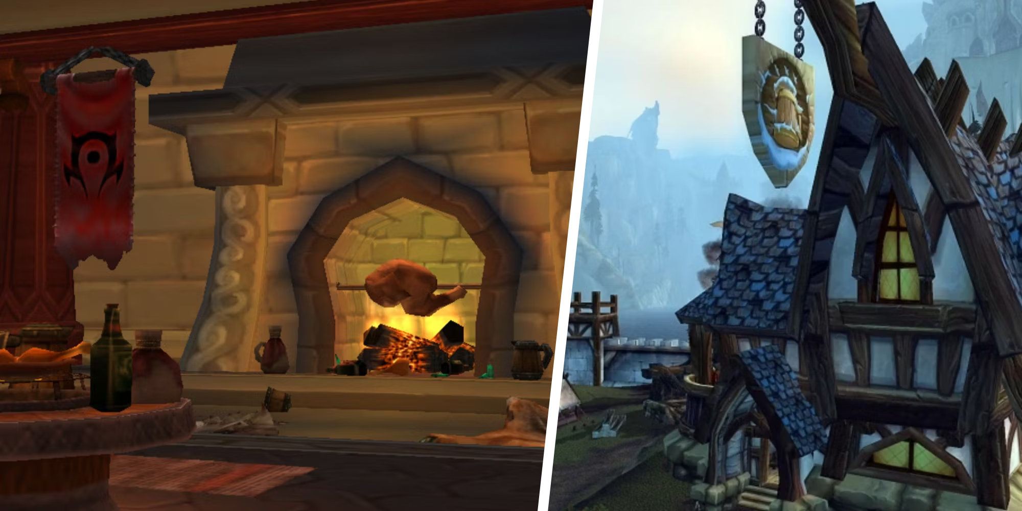 Split image of a horde zone tavern interior and a bar building exterior