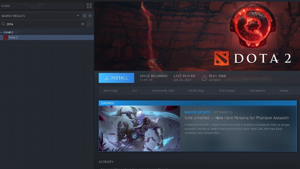 Geninstaller DOTA 2 i Steam